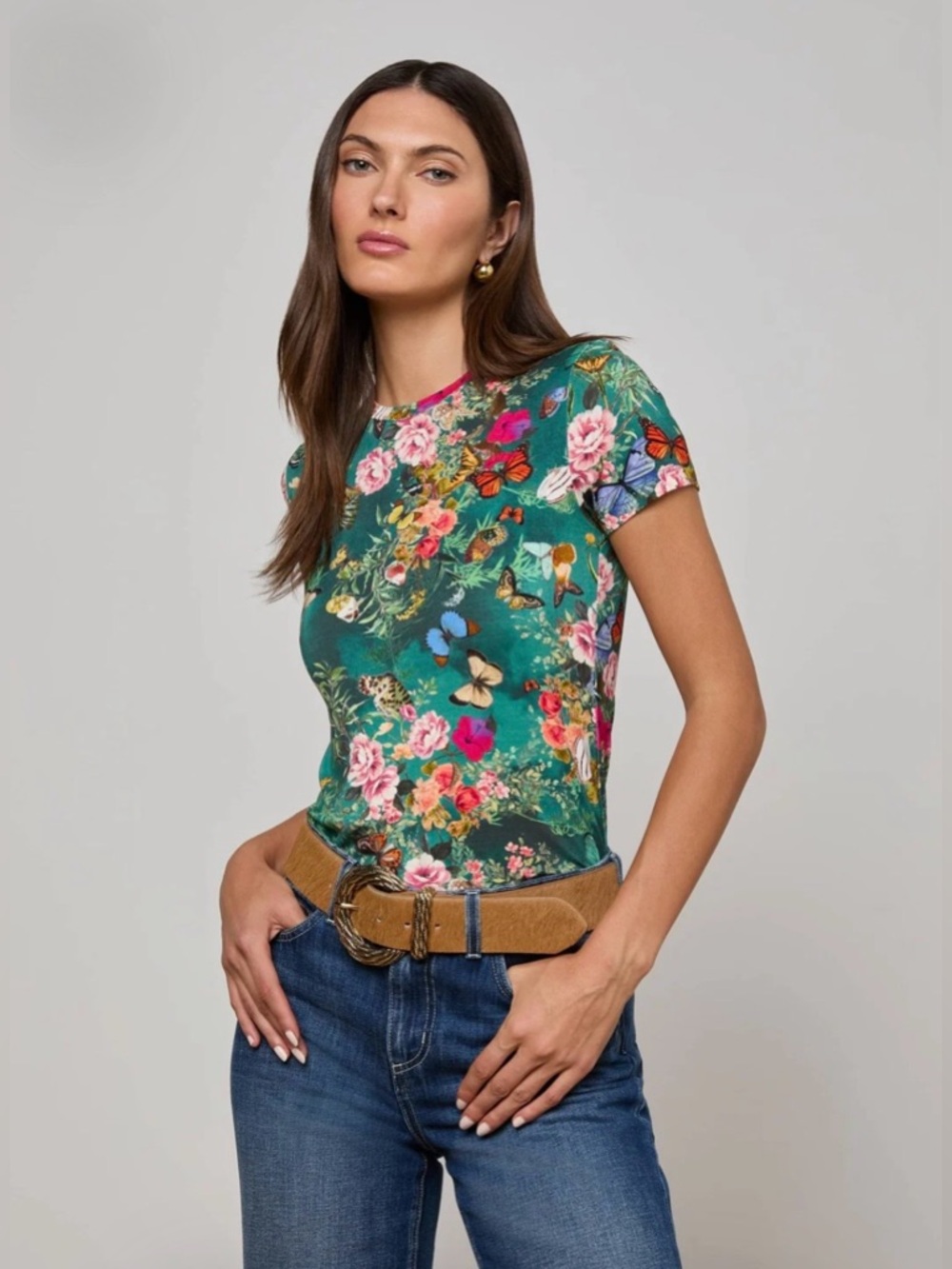 L’AGENCE RESSI FITTED TEE 🌸 GREEN CHARONDA BUTTERFLY 🦋 RARE SIZE XXS 🌼NWOT ✨